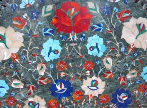 Mesa De Café Redonda De Mármol Verde De 36" Con Arte Incrustado Pietra Dura - Imagen 4 de 5