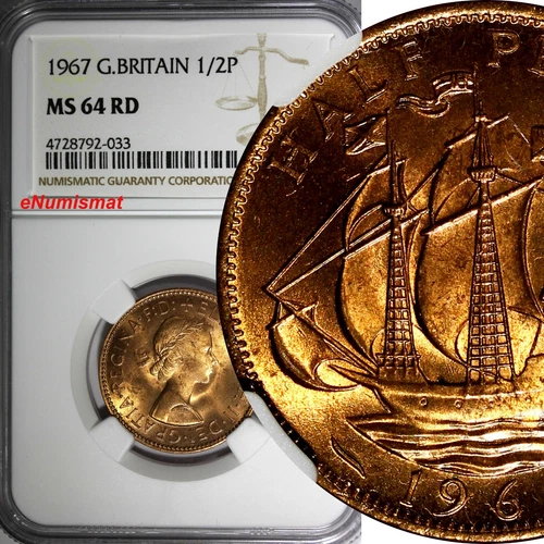 GREAT BRITAIN Elizabeth II 1967 1/2 Penny NGC MS64 RD FULL RED TONING KM# 896(3)