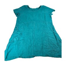 Linen Shirt Dress L Made in USA Teal Blue Short Sleeve Casual Summer Pockets
