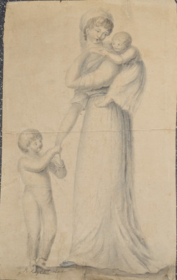18. Jh. Original Aquarell Gemälde Mutter & Kinder Attrib Henry Singleton