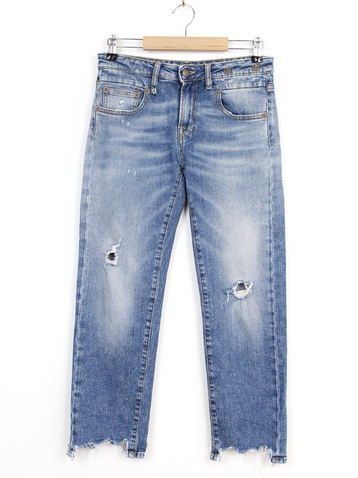 R13 Boy Straight Ankle Cropped Distressed Jeans Denim, Size 25