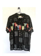 VINTAGE Paradise Found Shirt Mens M Black Happy Hour Cocktails Rayon Button UpB1