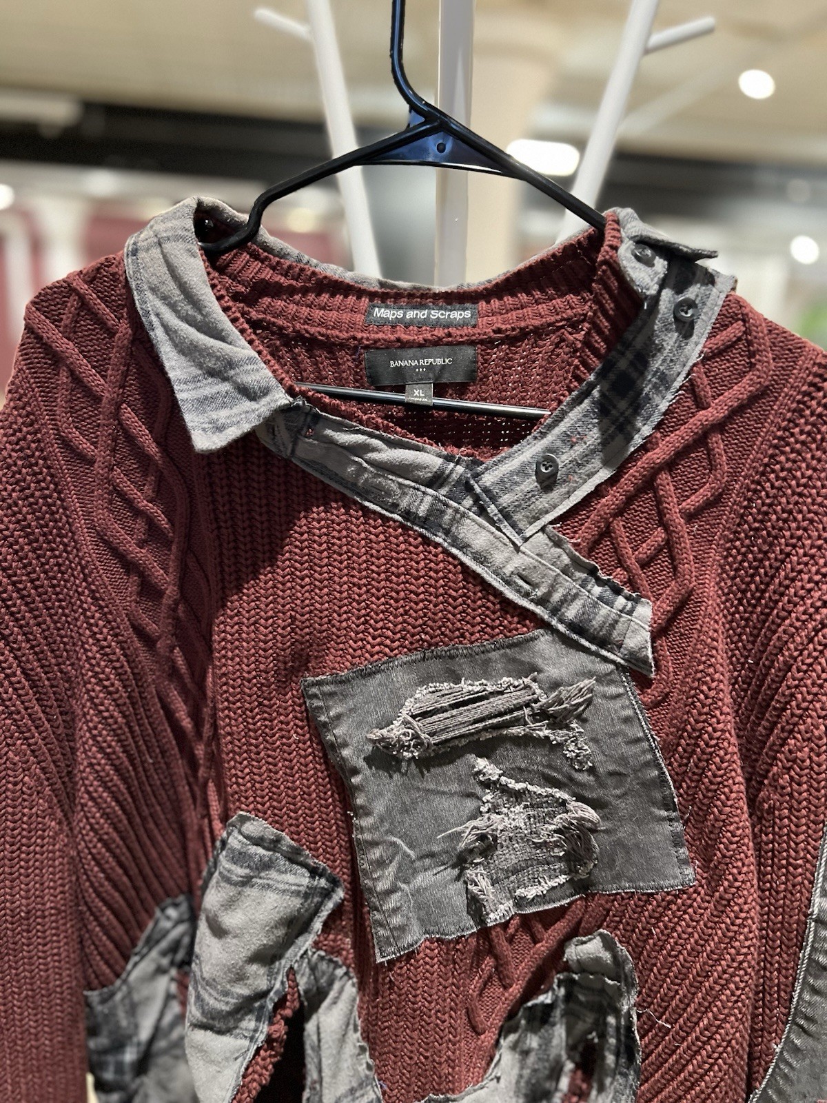 Patchwork And Ragged Upcycled Sweater Burgundy - image 3