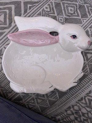 Cute Ceramic Palm Tree Co LTD White Bunny Rabbit Trinket Tray Jewelry Dish Decor