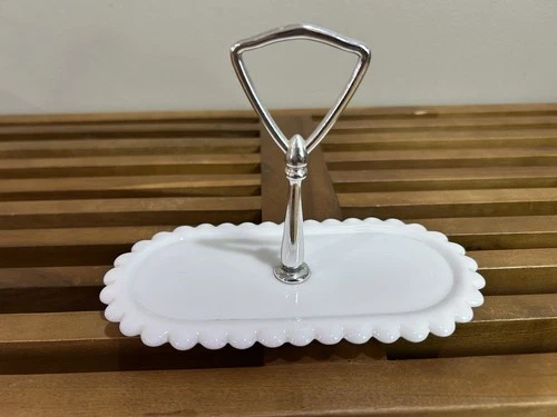 Vintage Milk Glass Tray For Sugar & Creamer With Scalloped Edge