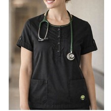 Healing Hands Women's Scrub Top Medium Black Short Sleeve Button Front Pockets