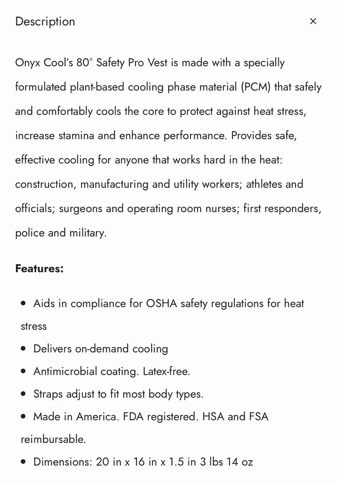 Onyx Cool 80° Safety Pro Vest One Size Adjustable On-Demand Cooling Beige (E16) - product detail image 4