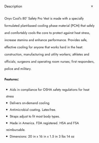 Onyx Cool 80° Safety Pro Vest One Size Adjustable On-Demand Cooling Beige (E16) image 4