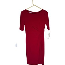 London Style Collection Sheath Dress Women 4P Red Ruched Elbow Sleeve Petite NWT