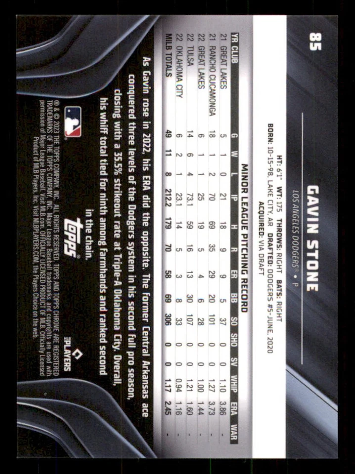 2023 Topps Chrome Black Refractors #85 Gavin Stone /199 - Image 2 of 2