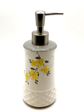 Ceramic Soap Lotion Pump Dispenser Yellow Flowers Gray Trim VGC