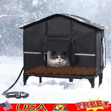 Heated Cat House Insulated Elevated Feral Shelter Waterproof Outdoor House Black