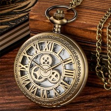 Vintage Style Roman Numerals Engraved Gear Case Quartz Pocket Watches with Chain