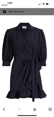 Cinq a Sept Vickie Puff Sleeve Ruffled Mini Wrap Dress Navy Blue V Neck 2 XS