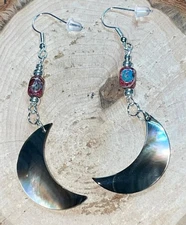NEW Natural Black Lip Shell Crescent Moon Earrings w/ Imperial Jasper Stone Bead