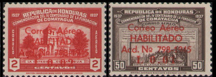 Honduras Scott #C144 - 145 Mint Never Hinged 1945 Airmail overprints
