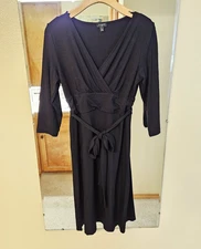 Talbots Black Faux Wrap Dress Size MP Career Cocktail Empire 3/4 Sl Stretch Midi