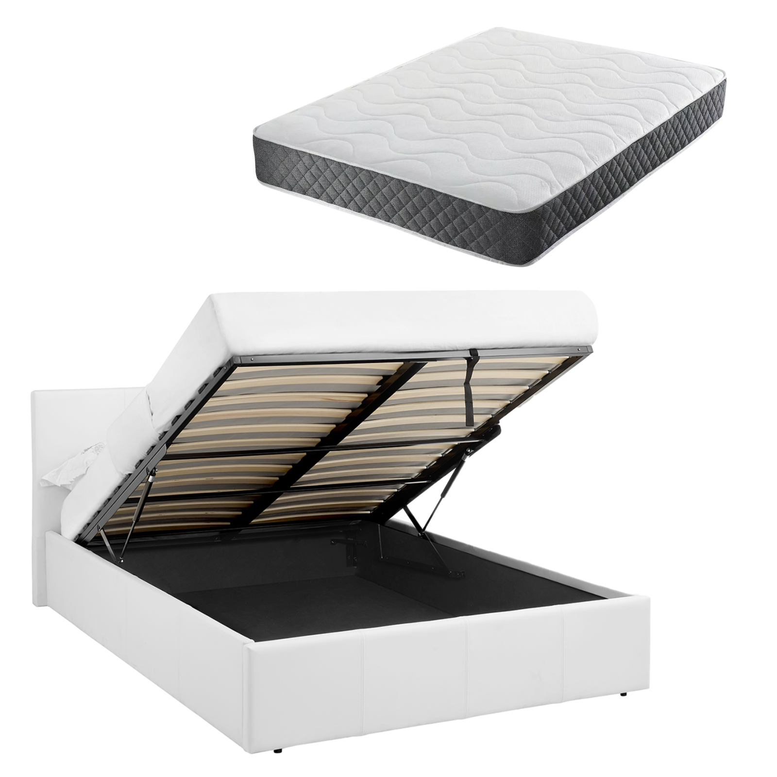 Bed Small Double 4FT Ottoman White Faux Leather + Spring & Foam Mattress LUNA