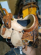 Western Barrel Horse Saddle Premium Cow Leather Hand Carving Tack Set free ship.