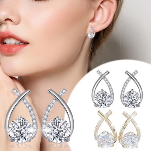 Women Girls Stud Earrings Stud Teardrop-Shaped Jewelry Fishtail Zircon Earring - Picture 1 of 18