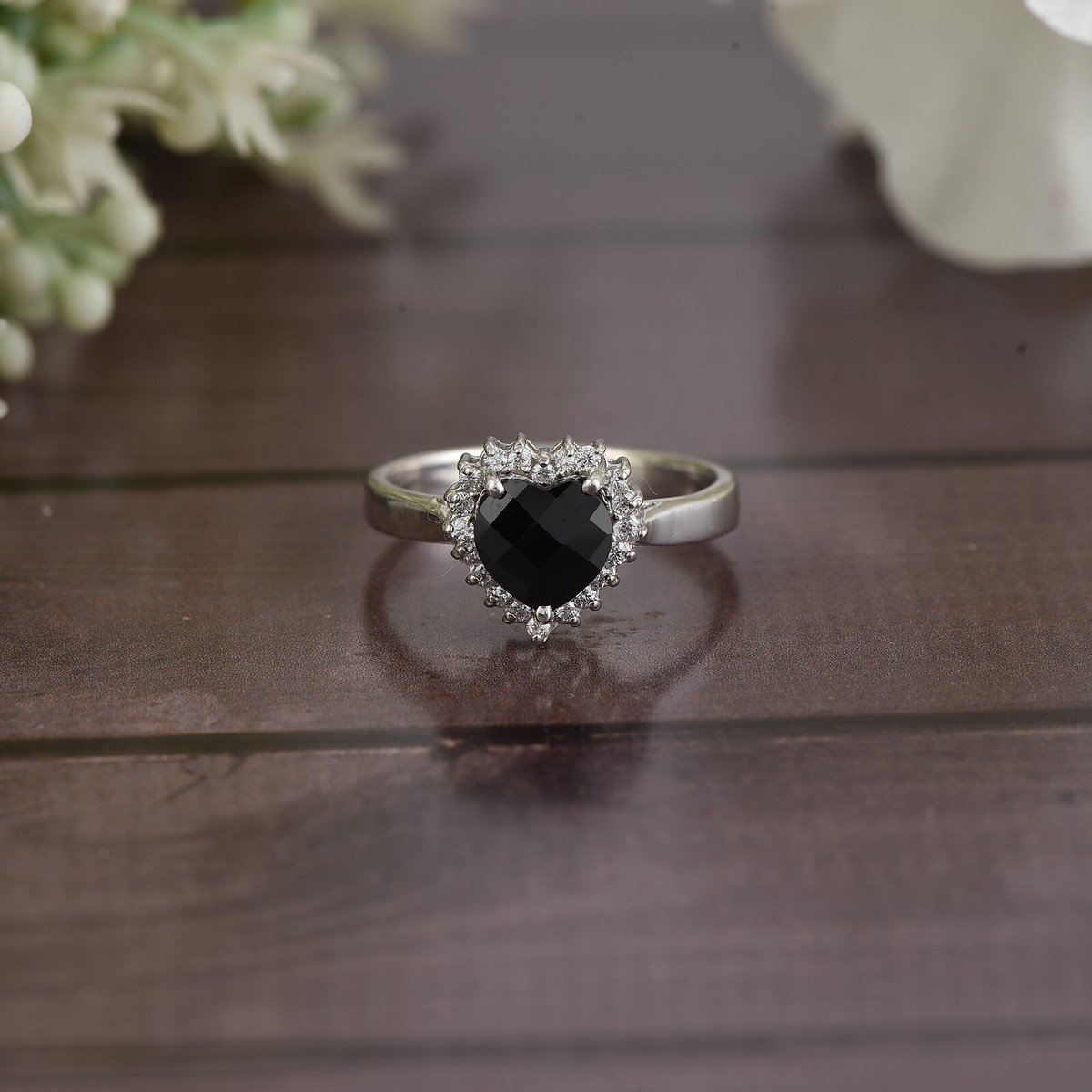 1.40cts Natural Black Spinel Heart Ring 925 sterling Silver