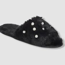 INC International Concepts Women's Black Pearl Faux-Fur Slippers Shoes Sz 7-8