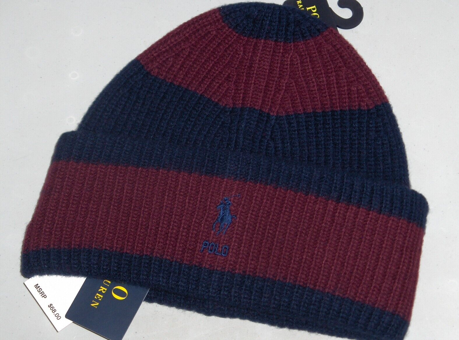 Cappello orologio POLO RALPH LAUREN uomo lana costina maglia pony berretto VINO BLU NAVY
