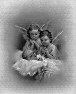 Catholic print picture- ANGELS W/ CHILD B -CHARCOAL & CHALK EFFECT 8'' x 10'' 