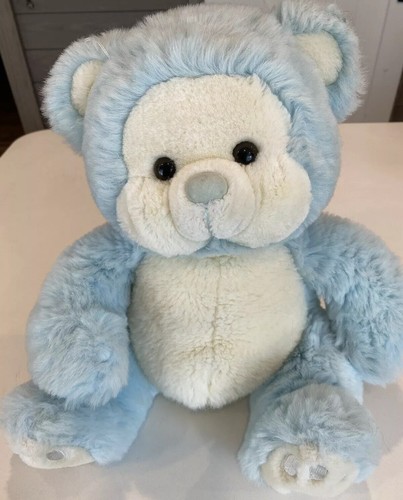 Russ Berrie K-12 Blue Teddy Bear Rattle Plush White 12" Baby Toy Stuffed Vtg