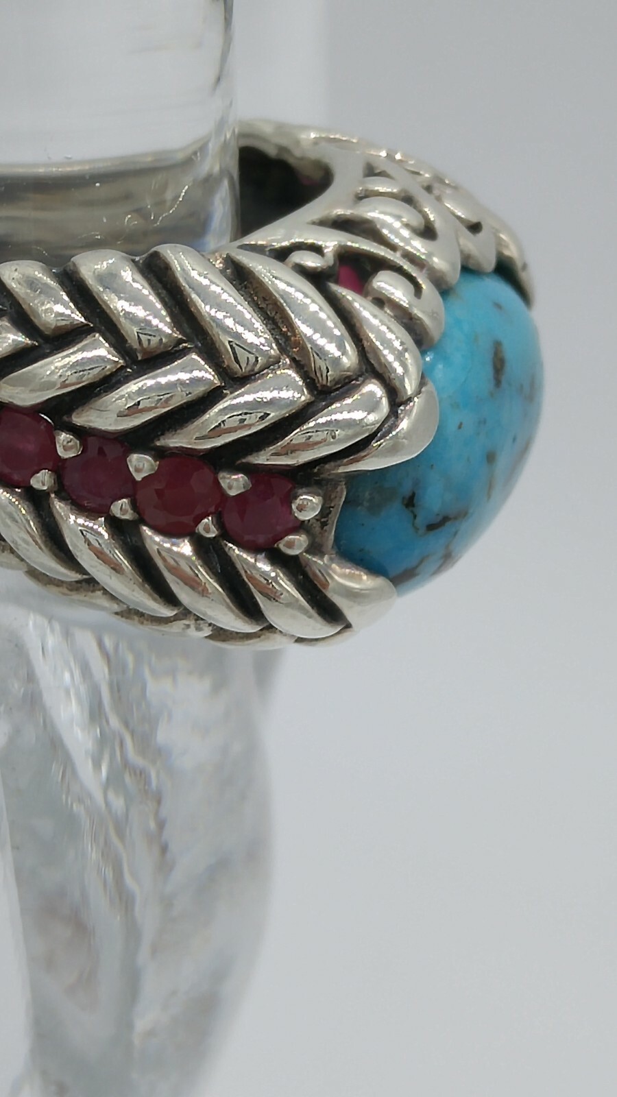 Turquoise and Ruby Sterling Silver Ring Size 6 - image 4