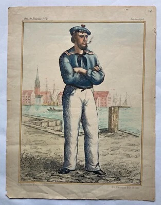 Lithografie Matrose im Hafen Dänemark Heimdal Danske Billeder Tattoo Style - Bild 1 von 4