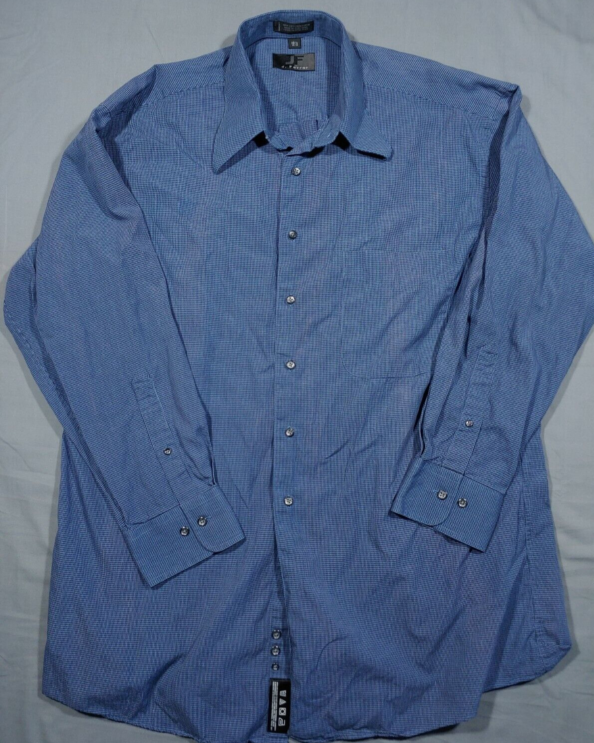 J Ferrar Button Shirt Mens L Blue Check 16.5 Long Sleeve Pocket Oxford Dress EUC