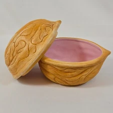 Vintage Walnut Shaped Trinket or Candy Box Pink Interior Lidded Dish 5" Wide