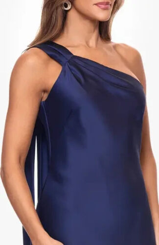 Xscape Navy Blue One-Shoulder Satin Gown Size 12 $298 - Picture 3 of 3