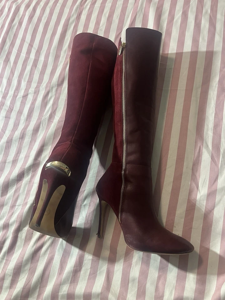 Michael Kors Burgundy Stilletto Suede Knee High Boots Size 8.5M - Image 2 of 4