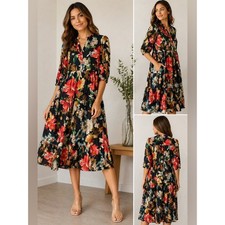 Figueroa & Flower Floral Midi Dress Sz Small Boho Tiered Button Front Flowy Navy