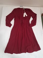 Womens Whimsigoth Red Dress Witchy Cinch Waist Long Sleeve V Neck Renaissance M