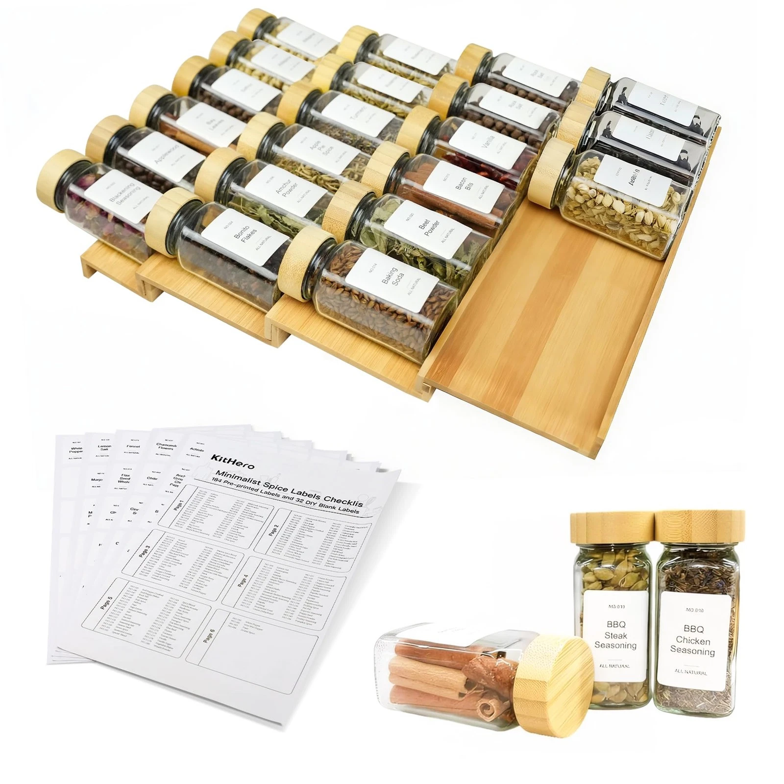 KitHero Spice Drawer Organizer with 24 Bamboolidded Spice Jars,216 Labels,25 ...
