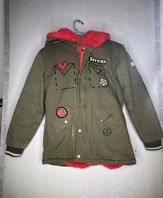 Marc Jacobs Girls Olive Green & Red Faux Fur Lined Winter Parka w/ Patches Sz 12