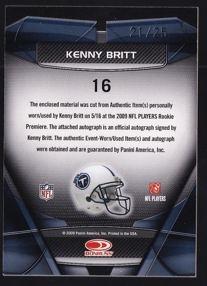 KENNY BRITT 2009 GRIDIRON GEAR PERFORMERS RPA DUAL PATCH AUTO RC #D 21/25 - Image 2 of 2