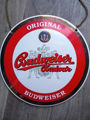 Porcelain Budvar Original Budweiser Czech Enamel Advertising Vintage Sign Smalt 