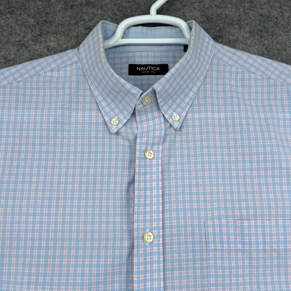 Camisa Nautica Para Hombre 17.5 34/35 Azul Rosa Cuadros Botones Manga Larga Algodón Foto 2 de 4