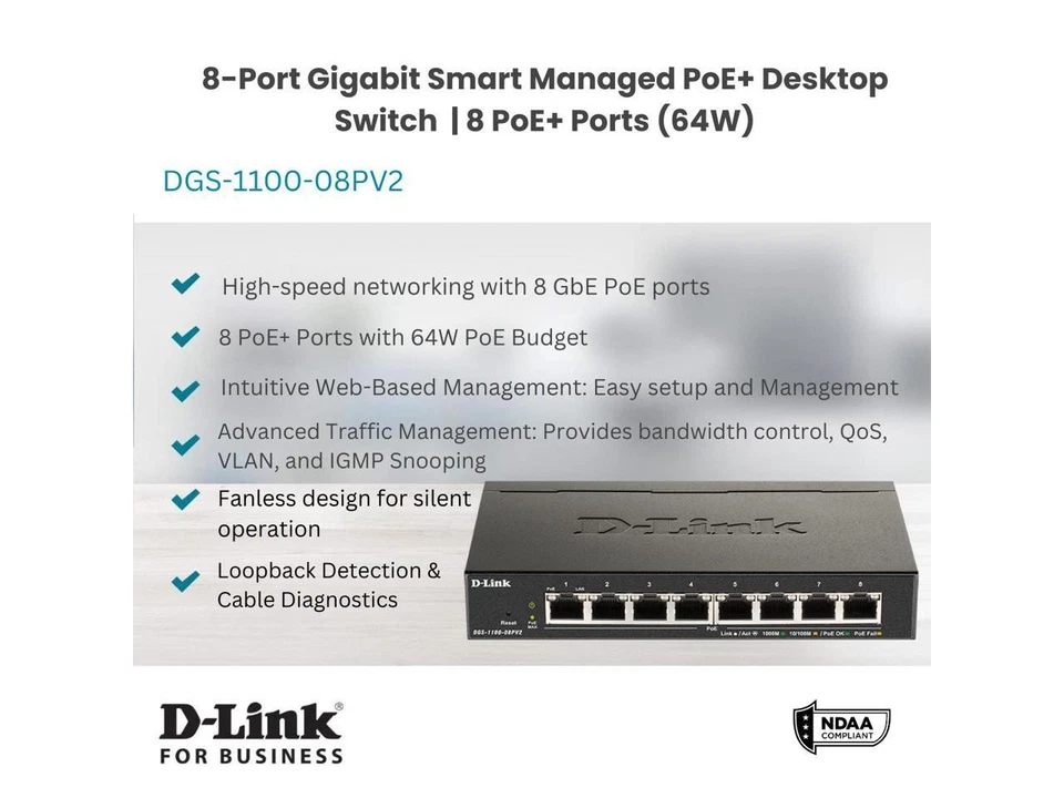D-Link 8-Port Gigabit Smart Managed PoE+ Switch | 8 PoE+ Ports (64W) | Compact - Image 2 of 4