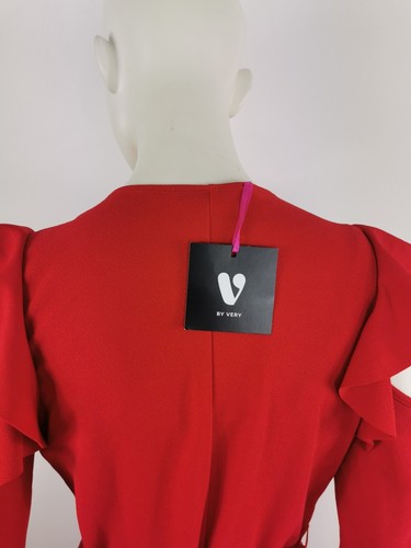 V By Very Red Long Sleeve Wrap Style Ruffle Cold Shoulder Dress Size 14 - Picture 8 of 9