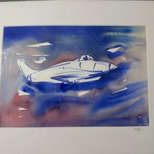 Original Watercolor Painting Jet Fighter Plane Art Blue Sky Artwork