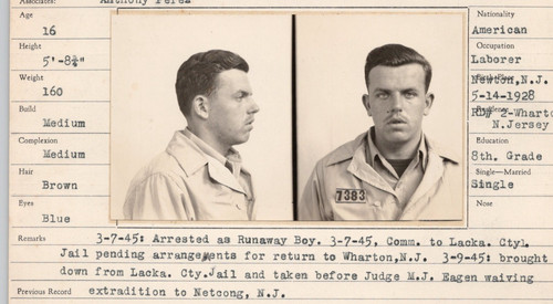 Mugshot 16 Year Old Juvenile Runaway Extradited for Grand Larceny 1945 Scranton