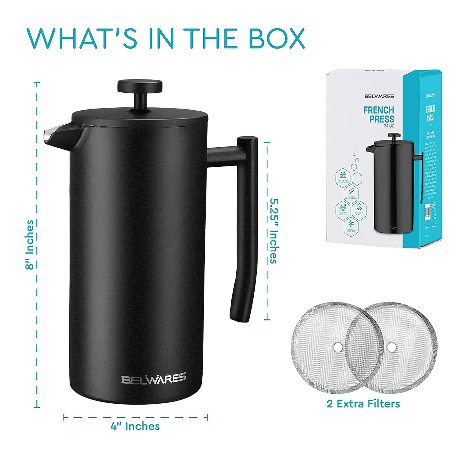 French Press Coffee Maker 34 Oz - Insulated Coffee Press Stainless Steel 304 ...
