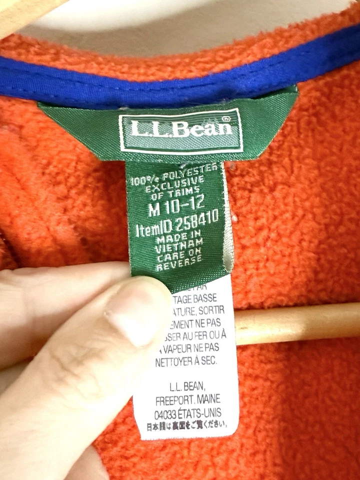 L.L. Bean Fleece Hoodie Youth M 10-12 Orange Full Zip Jacket Pockets - Image 2 of 3