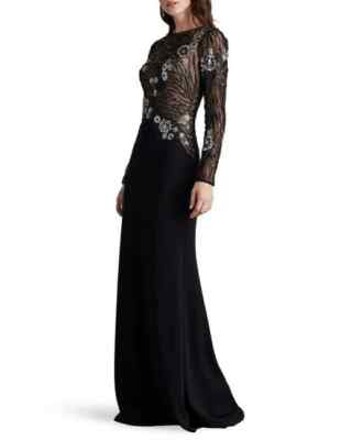 Tadashi Shoji Black Sequin Lace Bodice Long Sleeve Gown Size 4