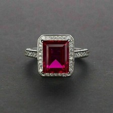 Halo Engagement Jewelry Ring 2.54CT Emerald Cut Real Red Ruby 14K White Gold FN